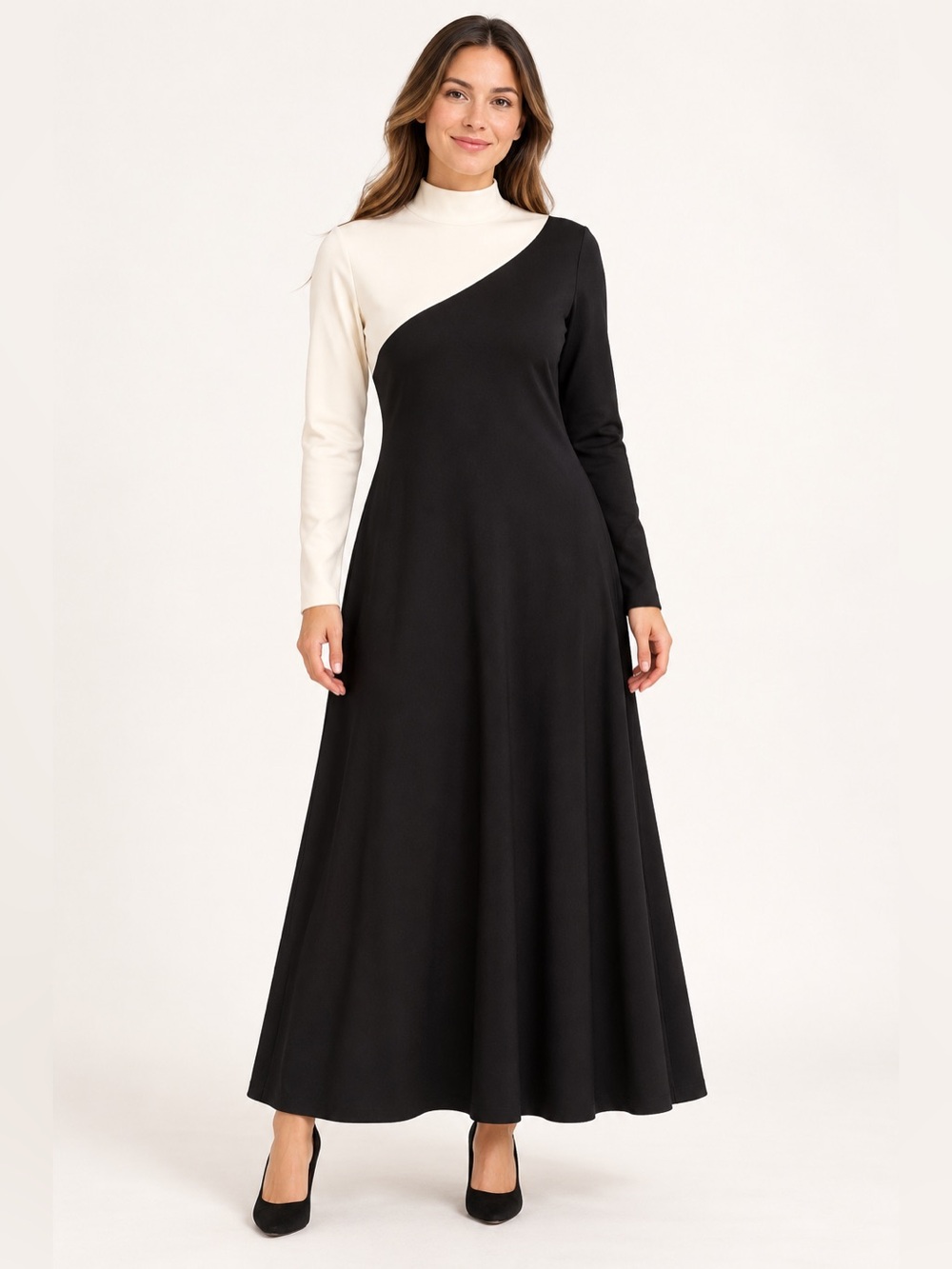 Anne Klein Black & Cream Colorblock Mock Neck Maxi Dress NWT Small